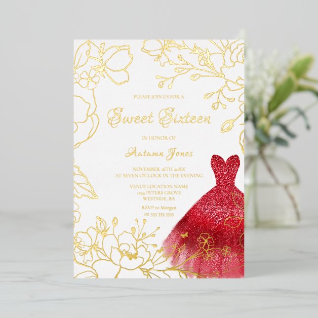 Golden Leaves Red Dress Sweet 16 Party Gold Foil Invitation (Standing Front)