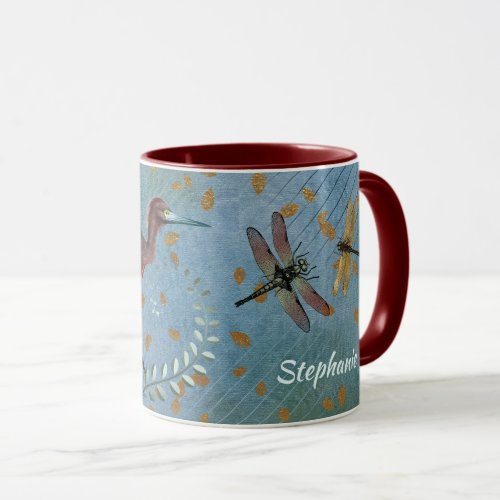 Golden Leaves Tricolored Heron and Dragonflies Mug