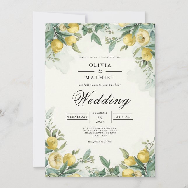 Golden Lemon Botanical Wedding Invitation (Front)