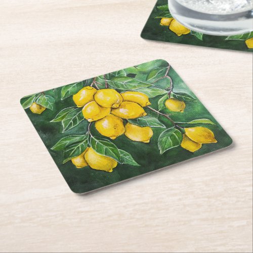 Golden Lemons on a Winter's Day by Alfred Fox Square Paper Coaster