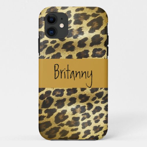 Golden Leopard Fur Animal Print with Name iPhone 11 Case