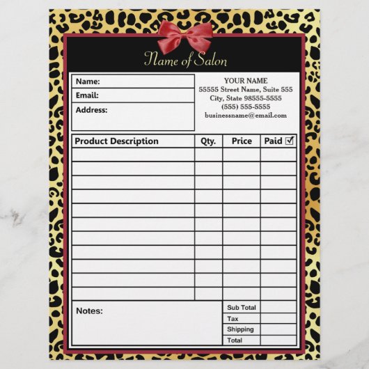 Golden Leopard Print With Red Bow Salon Order Form (Front)