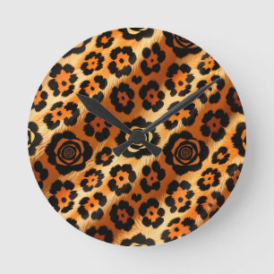 Golden Leopard Rose Animal Print Round Clock