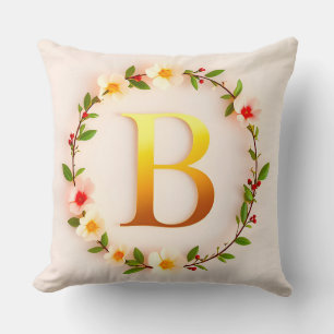 Golden Letter B Floral Wreath Personalized Style Throw Pillow