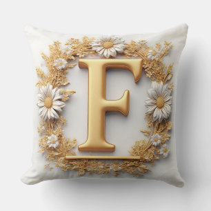 Golden Letter F with Floral Wreath Decoration Throw Pillow