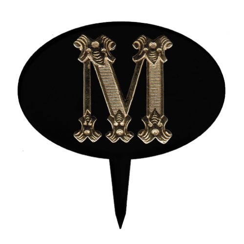 Golden Letter M Initial or Monogram on Black Cake Topper