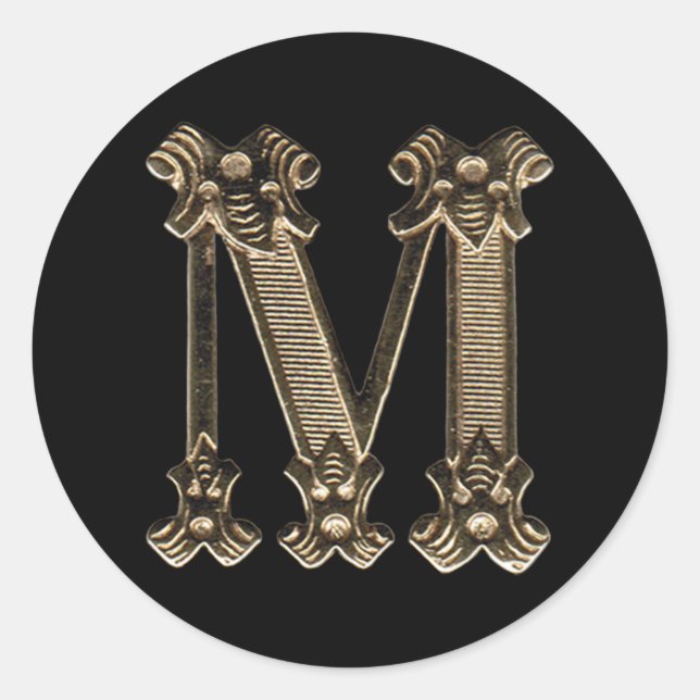 Golden Letter M Initial or Monogram on Black Classic Round Sticker (Front)