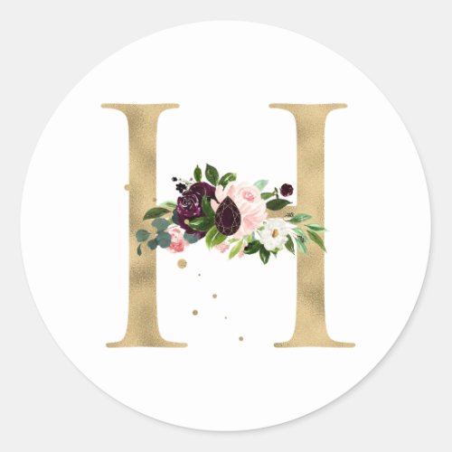 Golden letter MONOGRAMM boho burgundy flowers Clas Classic Round Sticker