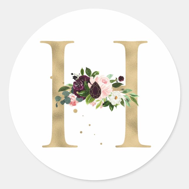 Golden letter MONOGRAMM boho burgundy flowers Clas Classic Round Sticker (Front)