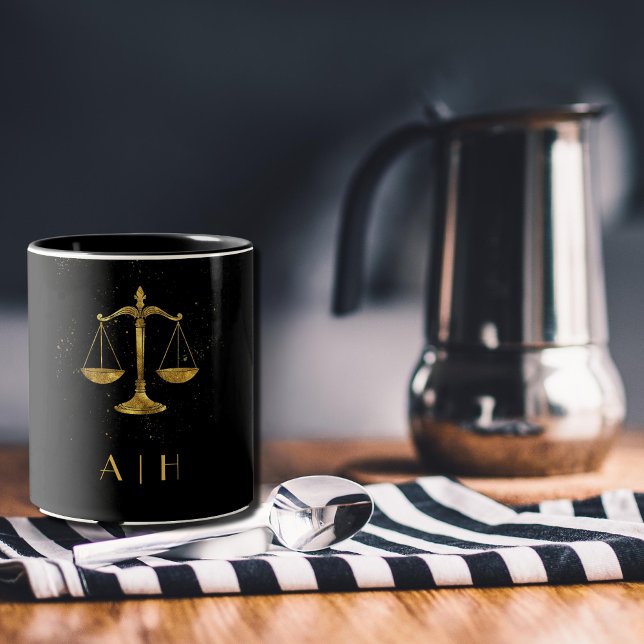 Golden Libra Zodiac Design – Personalized Monogram Two-Tone Coffee Mug (Creator Uploaded)