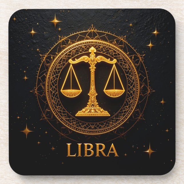Golden Libra Zodiac Sign Illustration Beverage Coaster (Front)