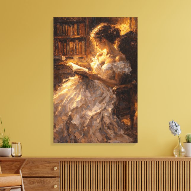 Golden Library Glow: Visual Impasto Style  Canvas Print (Insitu(LivingRoom))