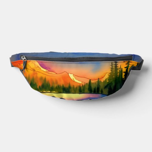 Golden Light Mountains Scenic Watercolor Fanny Pack