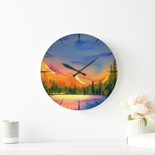 Golden Light Mountains Scenic Watercolor   Large Clock