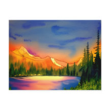 Golden Light Mountains Scenic Watercolor  Postcard