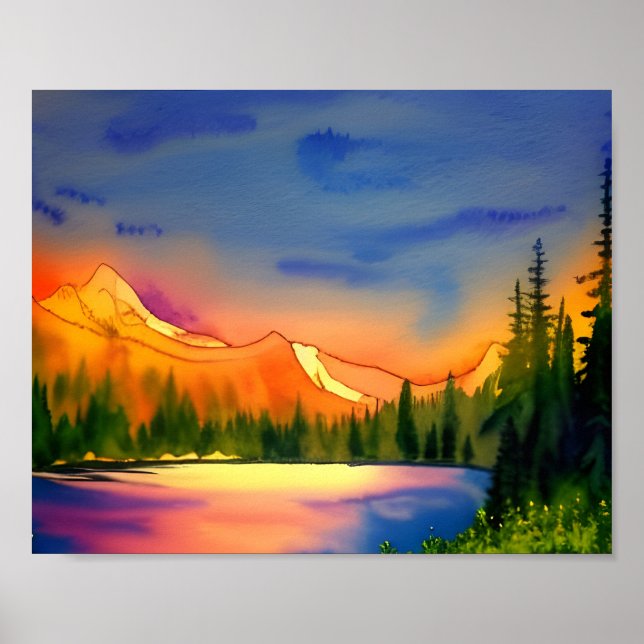 Golden Light Mountains Scenic Watercolor   Poster (Front)
