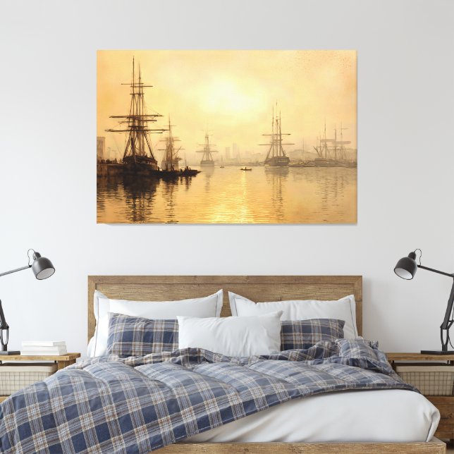 Golden Light on Historic Boston Harbor Canvas Print (Insitu(Bedroom))