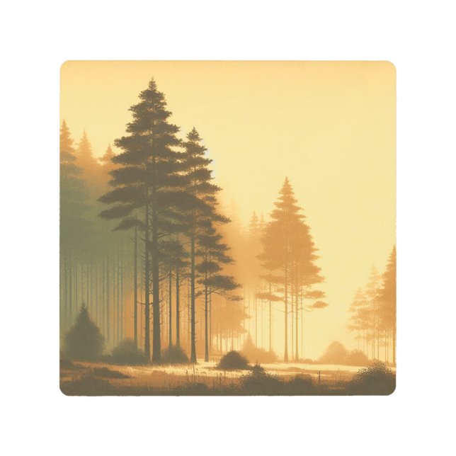 Golden Light Over Misty Pines – Vintage Metal Art (Front)