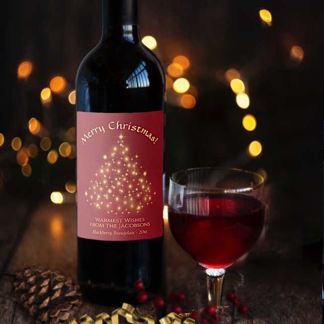 Golden Lights Christmas Tree on Red Holiday Wine Label (In Situ with Glass)