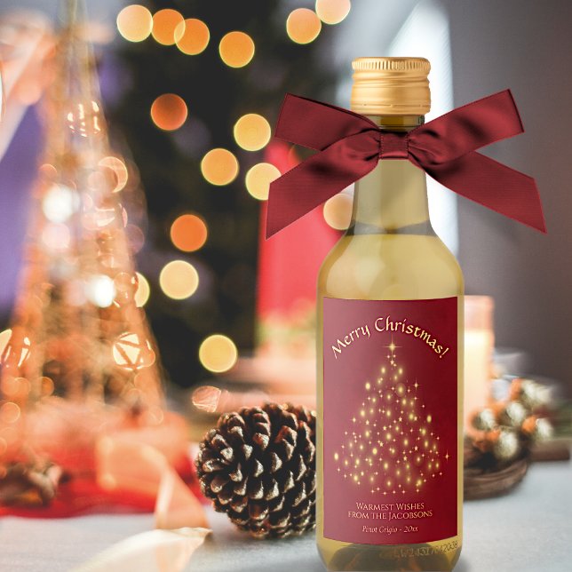 Golden Lights Christmas Tree on Red Mini Holiday Wine Label (In Situ on Table)