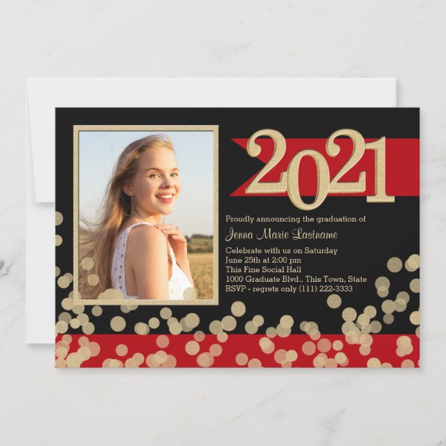 Golden Lights Red and Black Grad Photo Invitation (Front)
