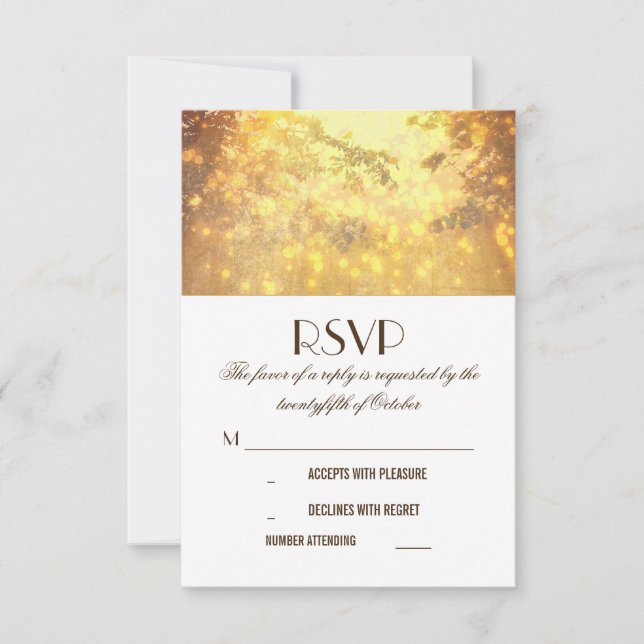 Golden Lights Tree Branches Wedding RSVP Cards (Front)