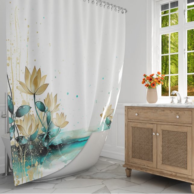 Golden Lily Serenity: Watercolor Teal and Gold  Shower Curtain (Creator Uploaded)