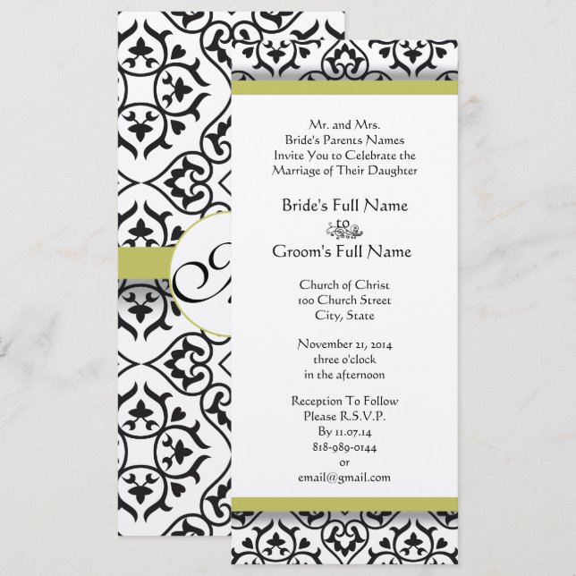 Golden Lime  Damask Swirls Wedding Invitation (Front/Back)