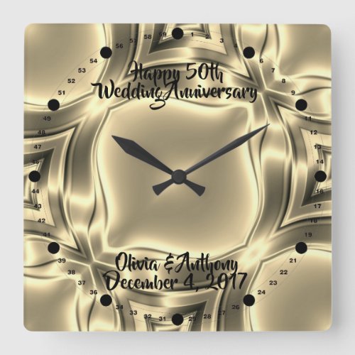 Golden Lines 50th Wedding Anniversary Square Wall Clock