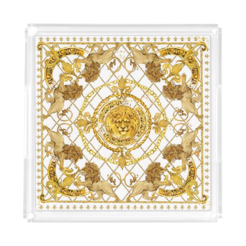 Golden lion damask silk scarf design acrylic tray