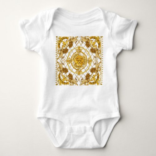 Golden lion damask silk scarf design baby bodysuit