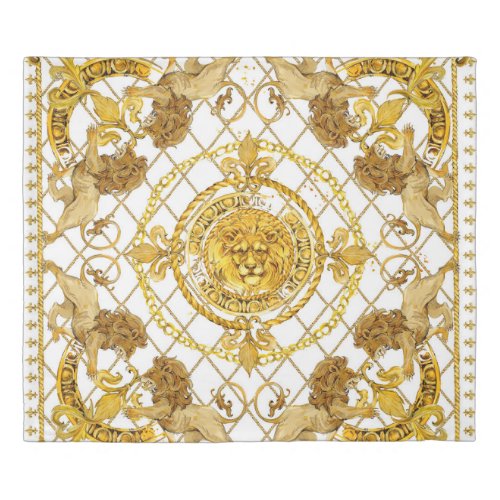 Golden lion damask silk scarf design duvet cover