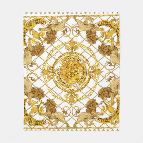 Golden lion damask silk scarf design fleece blanket