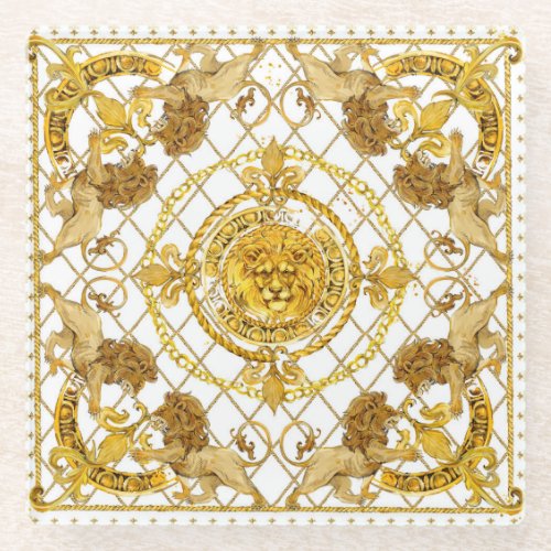 Golden lion damask silk scarf design glass coaster