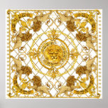 Golden lion: damask silk scarf design poster