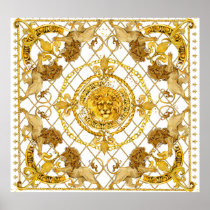 Golden lion: damask silk scarf design poster