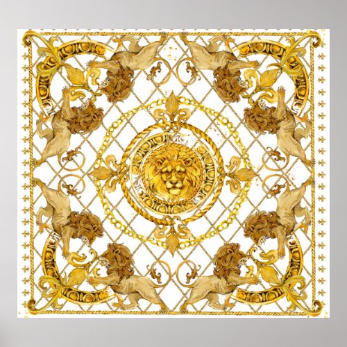 Golden lion damask silk scarf design poster