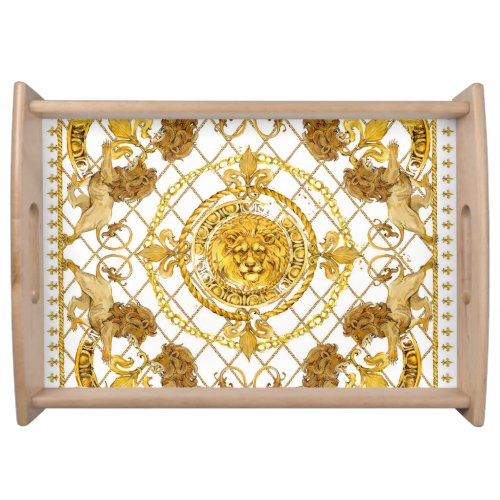 Golden lion damask silk scarf design serving tray