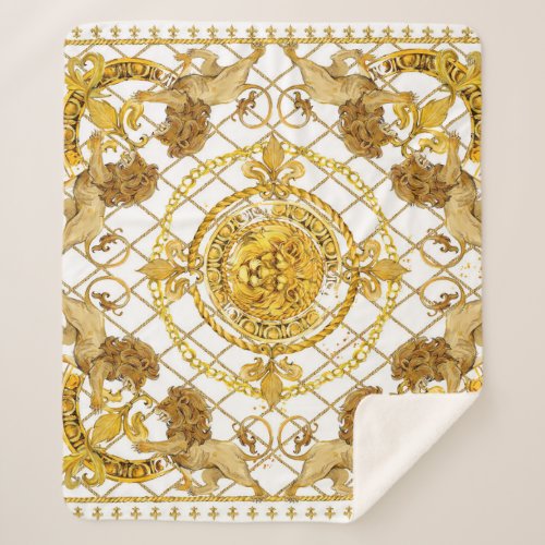 Golden lion damask silk scarf design sherpa blanket