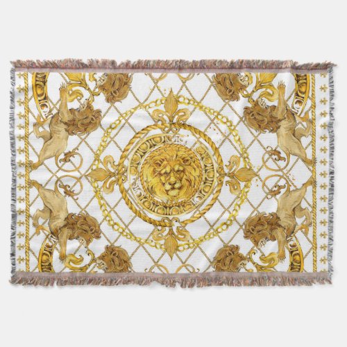 Golden lion damask silk scarf design throw blanket
