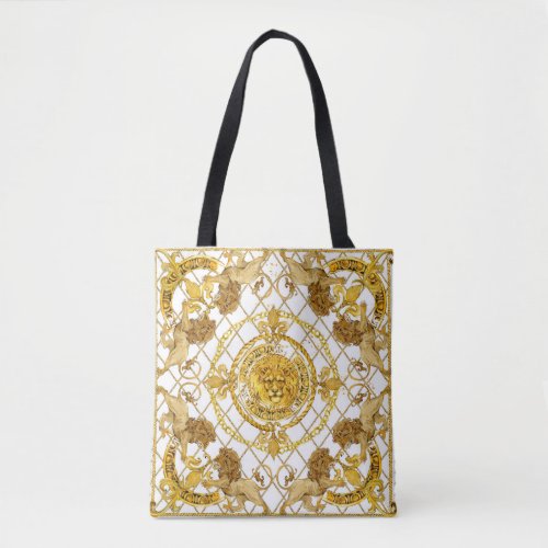 Golden lion damask silk scarf design tote bag