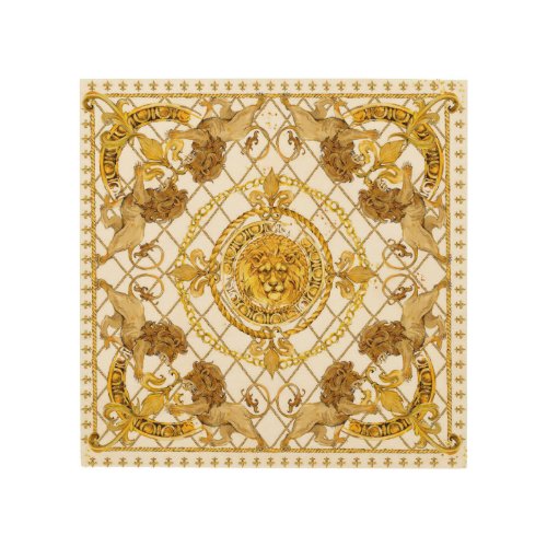 Golden lion damask silk scarf design wood wall art