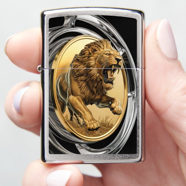 Golden Lion Engraved Design Zippo Lighter (In Hand)