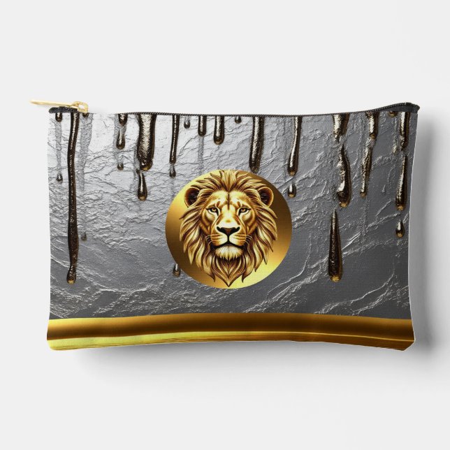 Golden Lion Head With Metal Drip Effect 🦁 Accessory Pouch (Front)