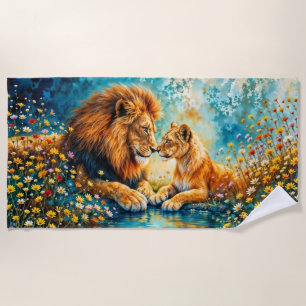Golden Lion Lioness colorful wildflowers Beach Towel