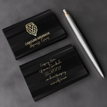 Golden Lion Logo | Black Striped Background Business Card by lovely_businesscards at Zazzle