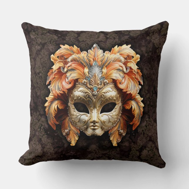Golden Lion Mask with a Orange Feathers  Throw Pillow (Front)