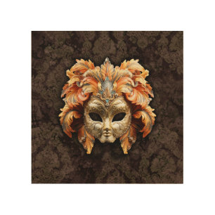 Golden Lion Mask with a Orange Feathers Wood Wall Art