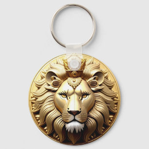Golden Lion Medallion With Crown Keychain