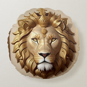 Golden Lion Medallion With Crown Round Pillow